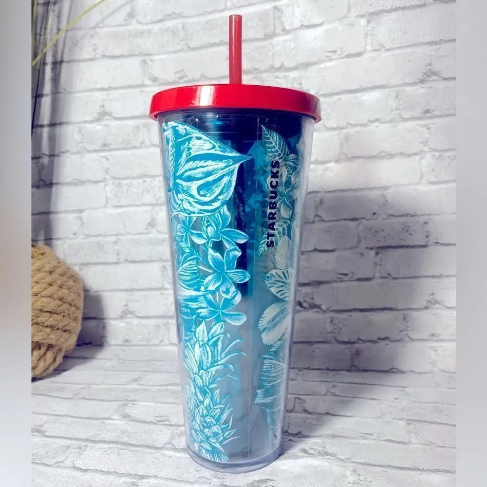 Rare STARBUCKS 2016 Blue‎ Tropical Hawaiian Flowers Tumbler Venti 24 Oz